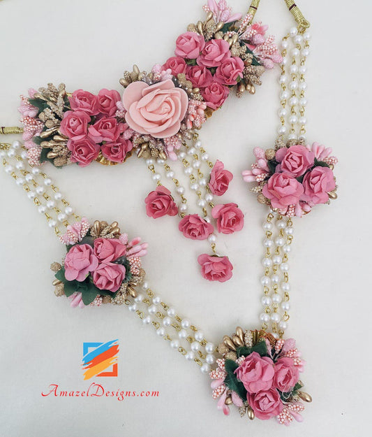 Pink Choker With Long Mala Earrings Tikka