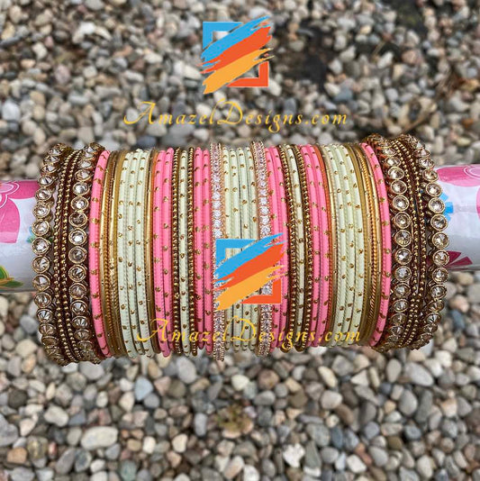 Pink Cream Mix Polki Bangle Set