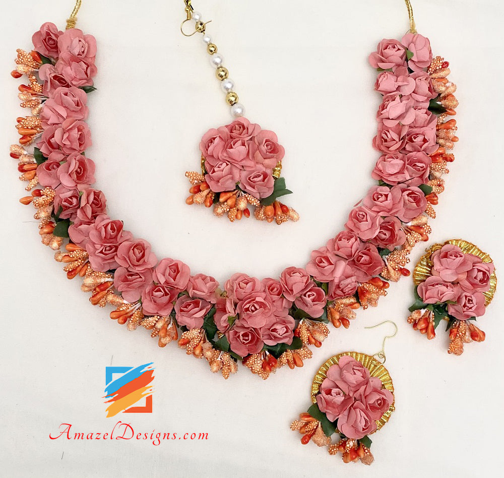 Pink Flower Necklace Earrings Tikka And Kadas