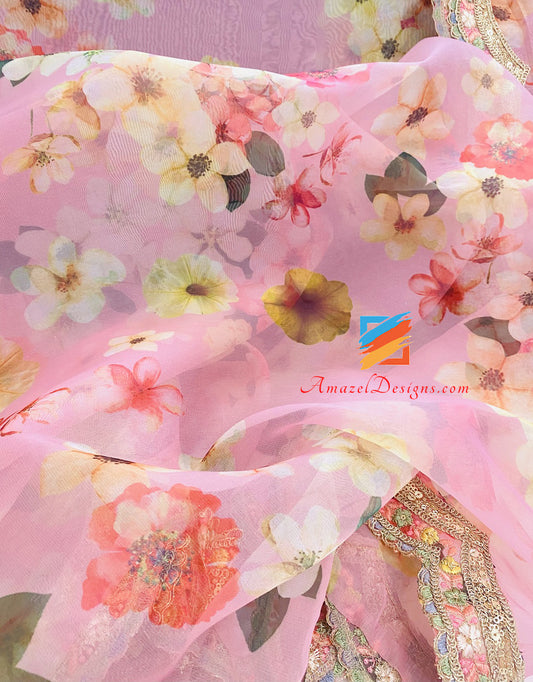 Pink Organza Printed Four Sided Cutwork Lace