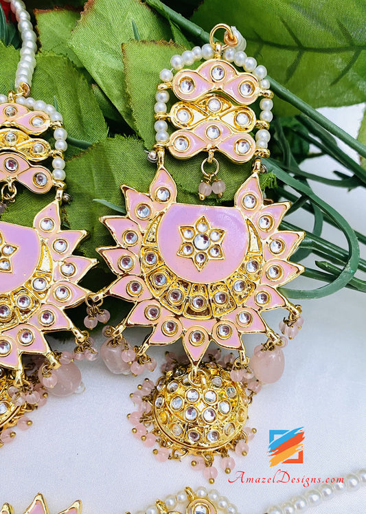 Pink Kundan Chandbali Jhumki Earrings Tikka Set