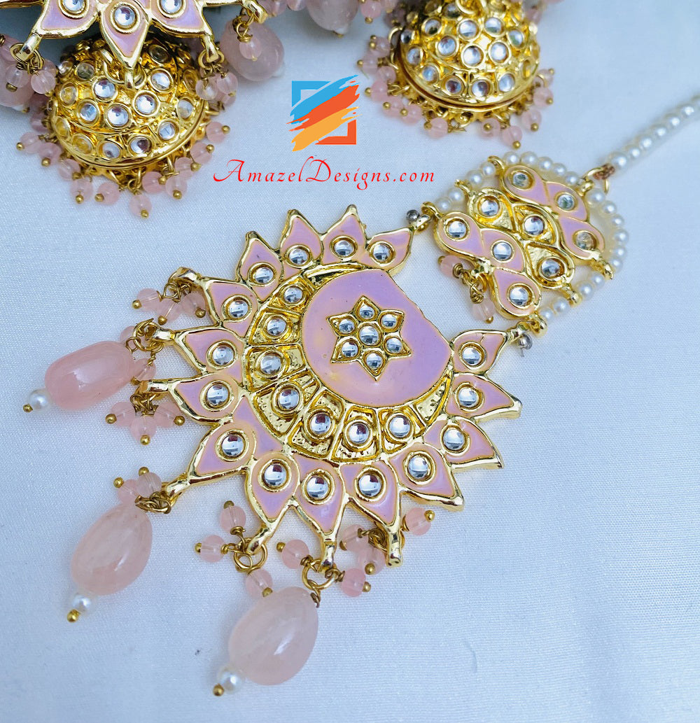 Pink Kundan Chandbali Jhumki Earrings Tikka Set