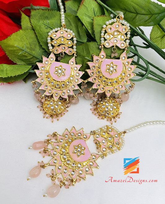 Pink Kundan Chandbali Jhumki Earrings Tikka Set