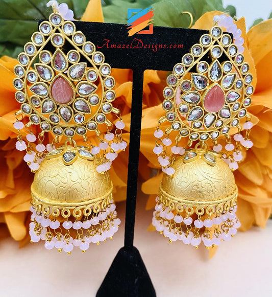 Pink Kundan Jhumka Tikka Set