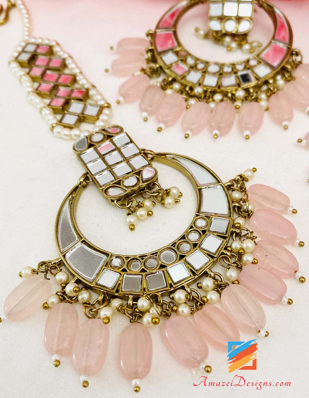 Pink Lightweight Sheesha Earrings Tikka Set