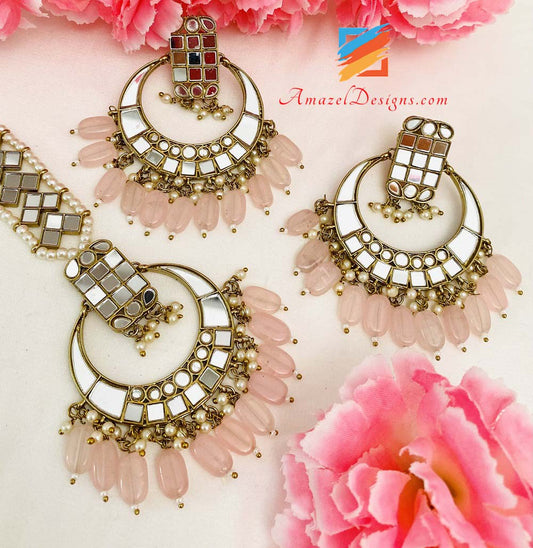 Pink Lightweight Sheesha Earrings Tikka Set