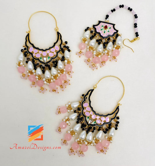 Pink Lightweight Meenakari Waliyaan Tikka Set