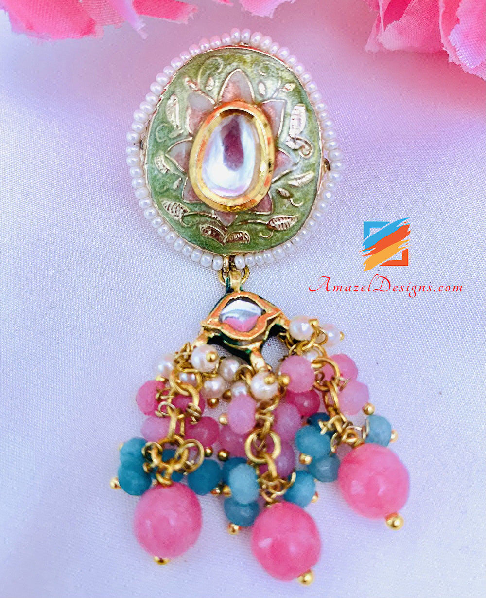 Pink Meenakari Hand Painted Necklace And Earrings Set
