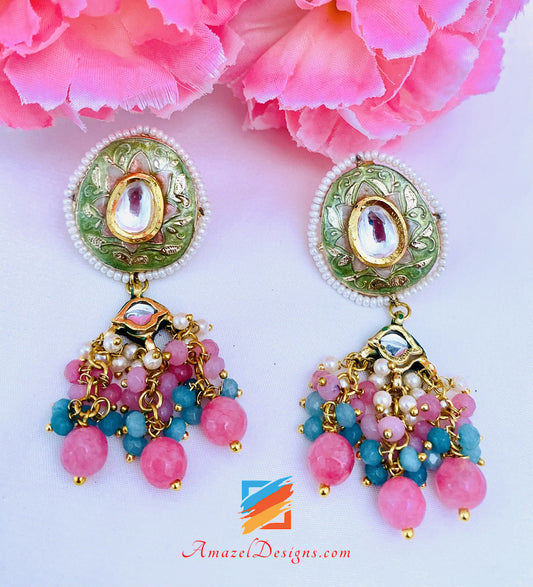 Pink Meenakari Hand Painted Necklace And Earrings Set