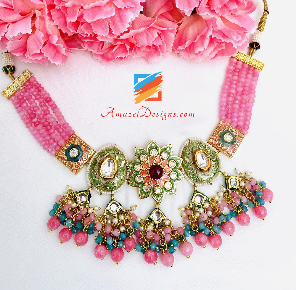 Rosa Meenakari Handbemaltes Halsketten- und Ohrringe-Set 