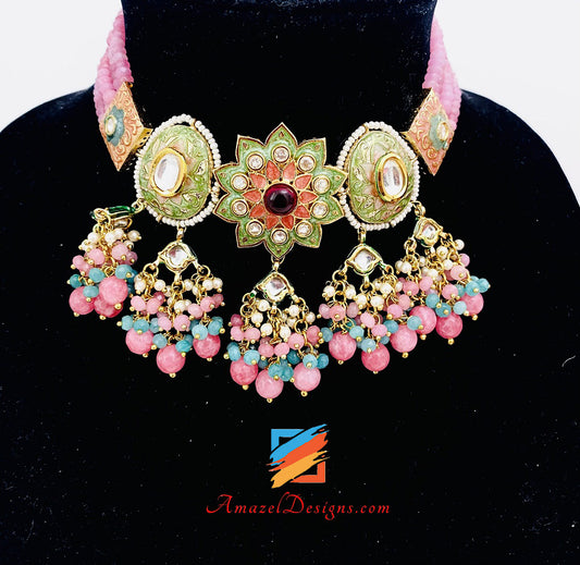 Rosa Meenakari Handbemaltes Halsketten- und Ohrringe-Set 