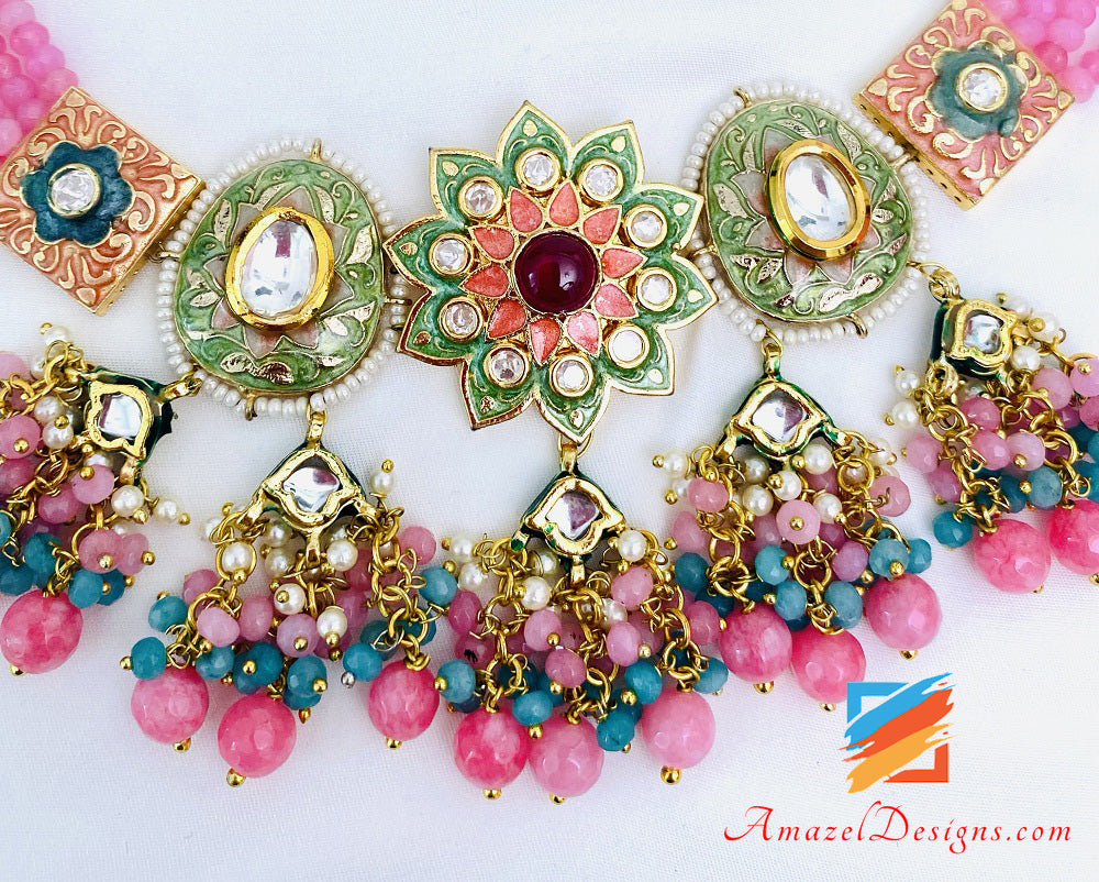 Set collana e orecchini dipinti a mano rosa Meenakari 