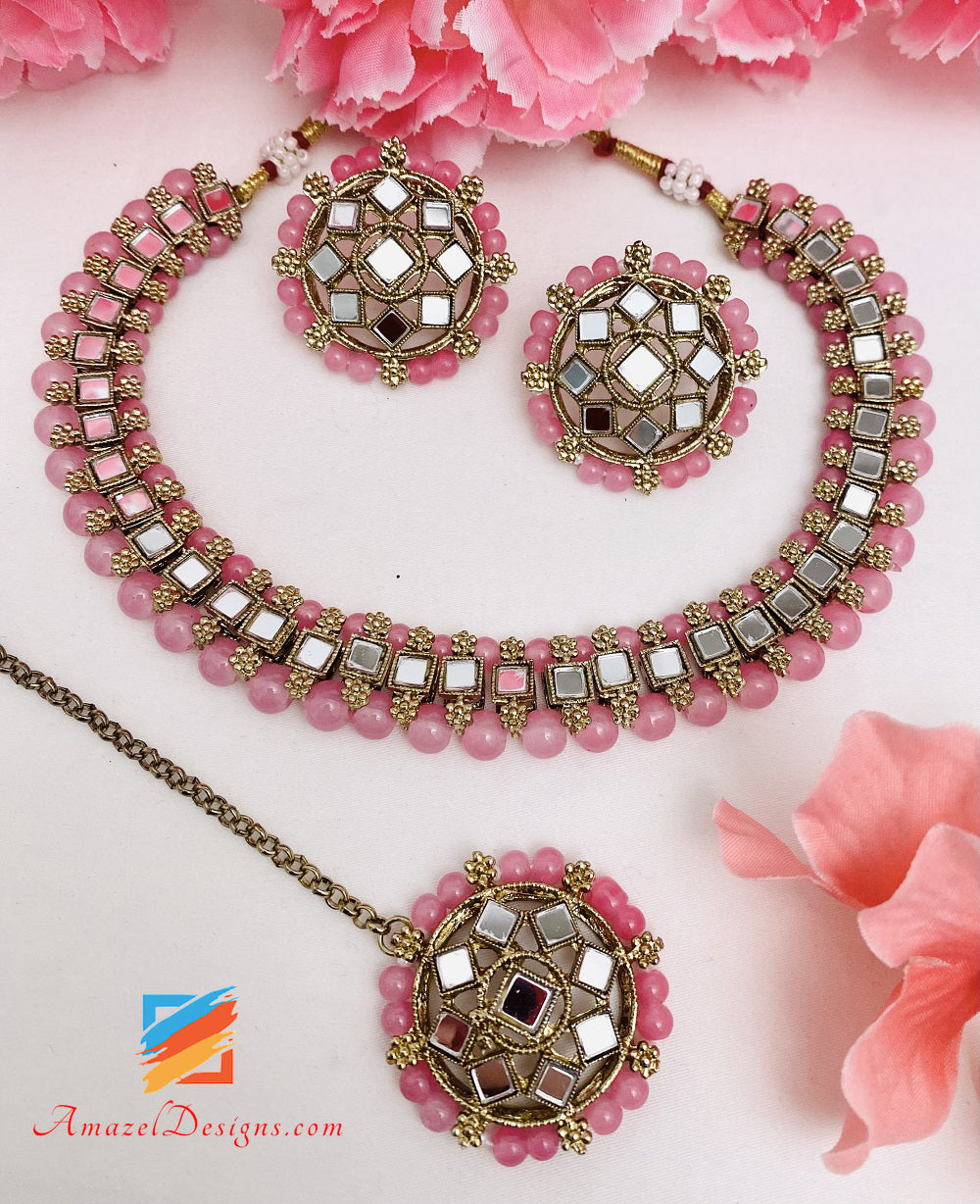 Pink Mirror Single Line Choker Necklace Studs Earrings Tikka Set