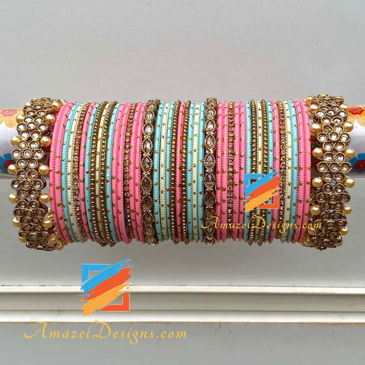 Pink Mix Polki Bangle Set