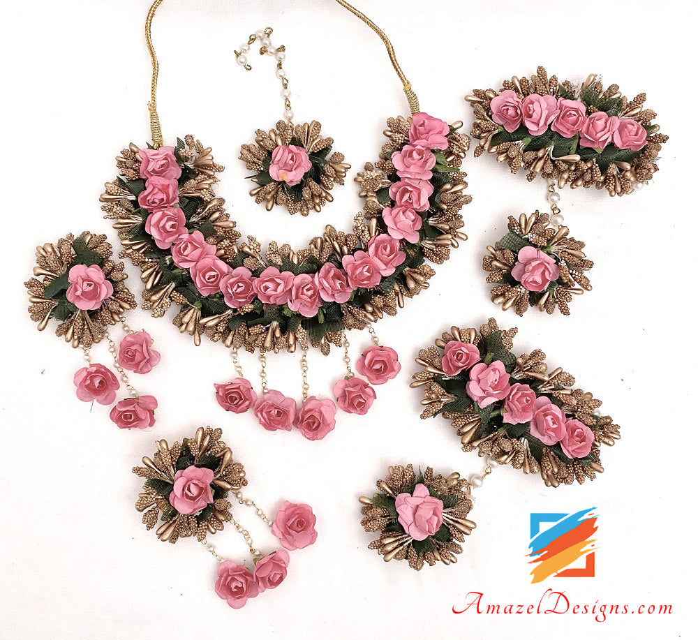 Pink Necklace Earrings Tikka And Hand Pieces Set