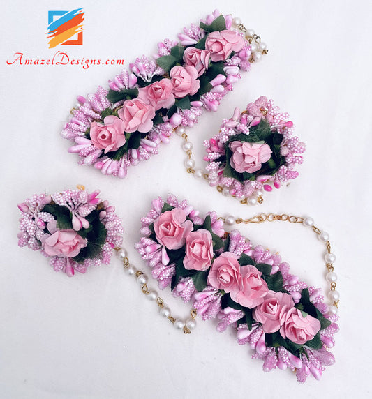 Rosa Halskette Ohrringe Tikka und Handstücke Set 