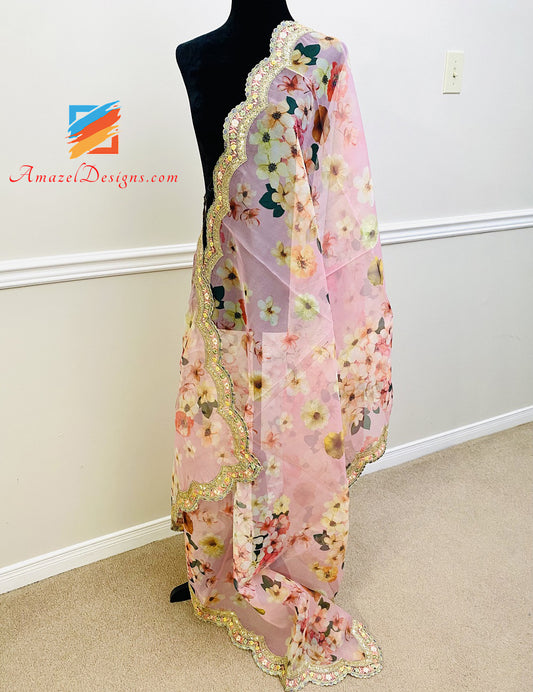 Pink Organza Printed Four Sided Cutwork Lace
