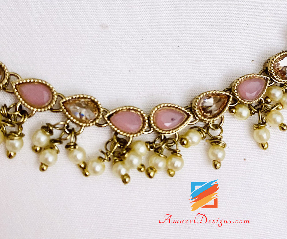 Pink Polki Hanging Beads Single Line Choker/Necklace