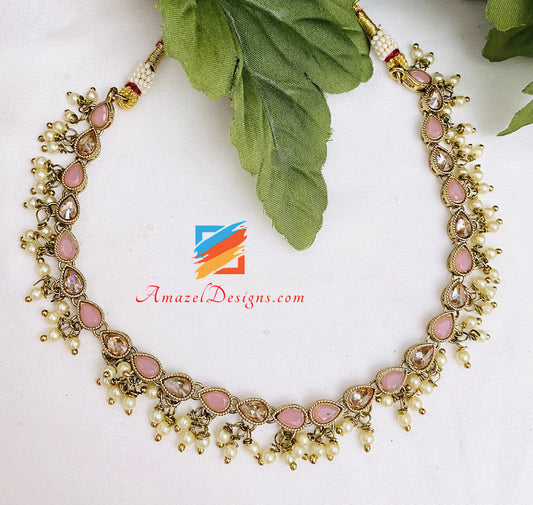 Pink Polki Hanging Beads Single Line Choker/Necklace