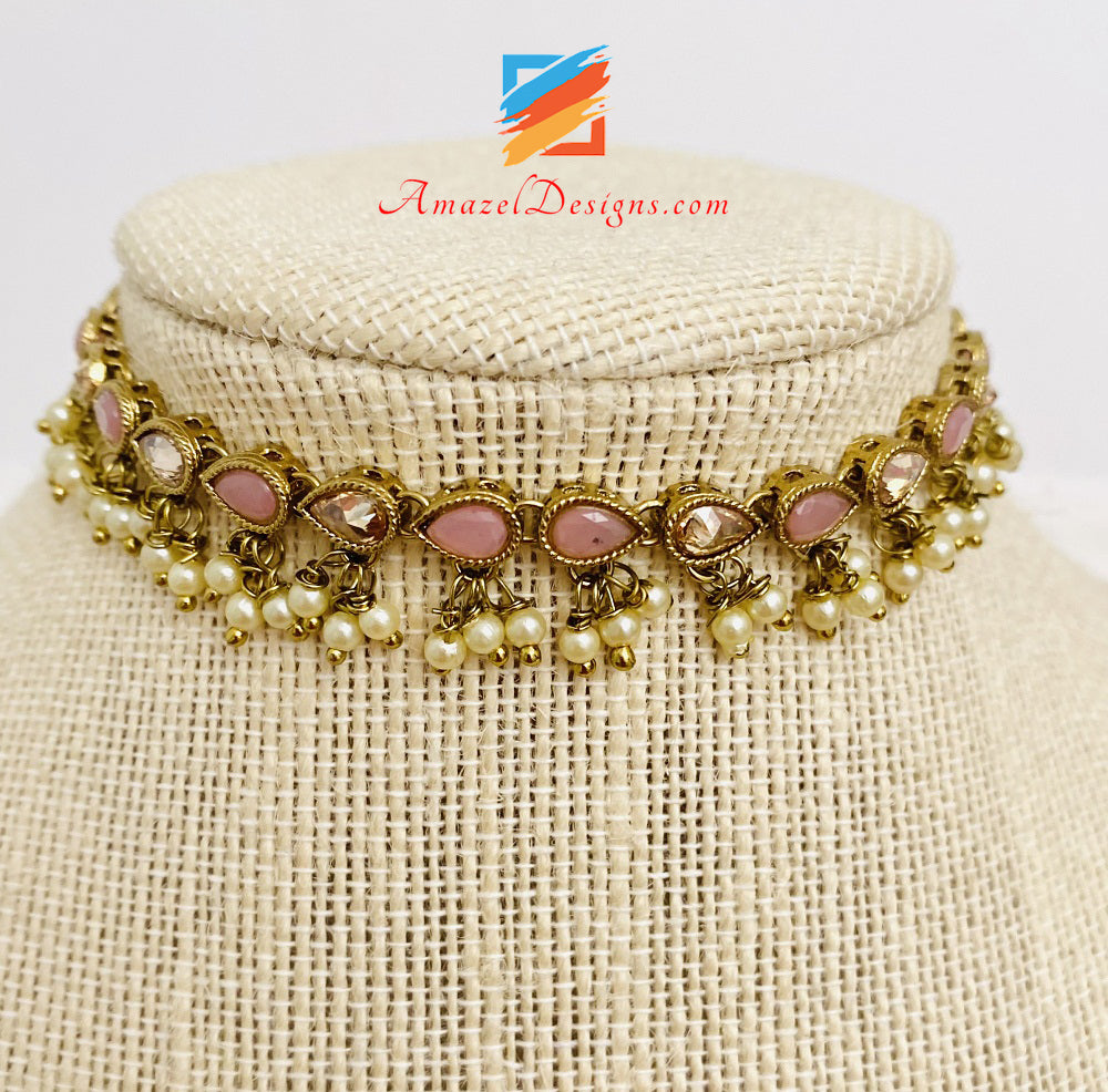 Einreihiger Halsreif/Halskette mit rosafarbenen Polki-Perlen zum Aufhängen