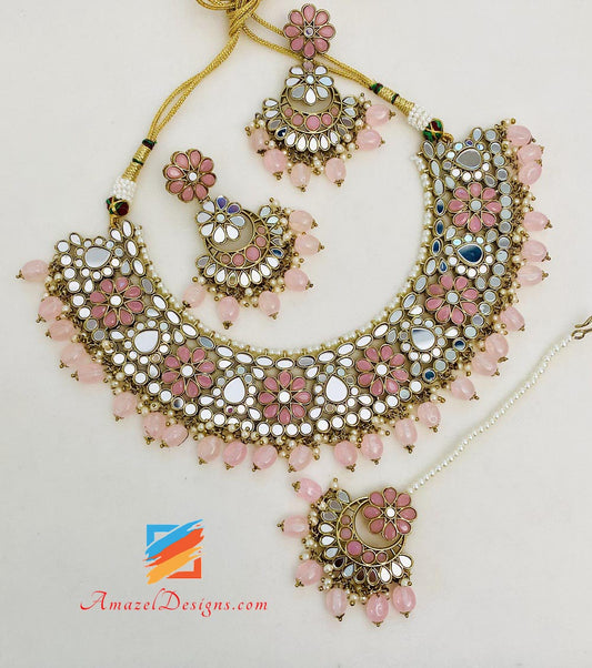 Pink Sheesha Necklace Earrings Tikka Set