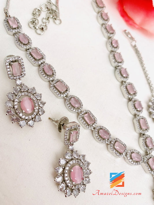 Pink Silver American Diamond AD Pendant Necklace Earrings Tikka Set