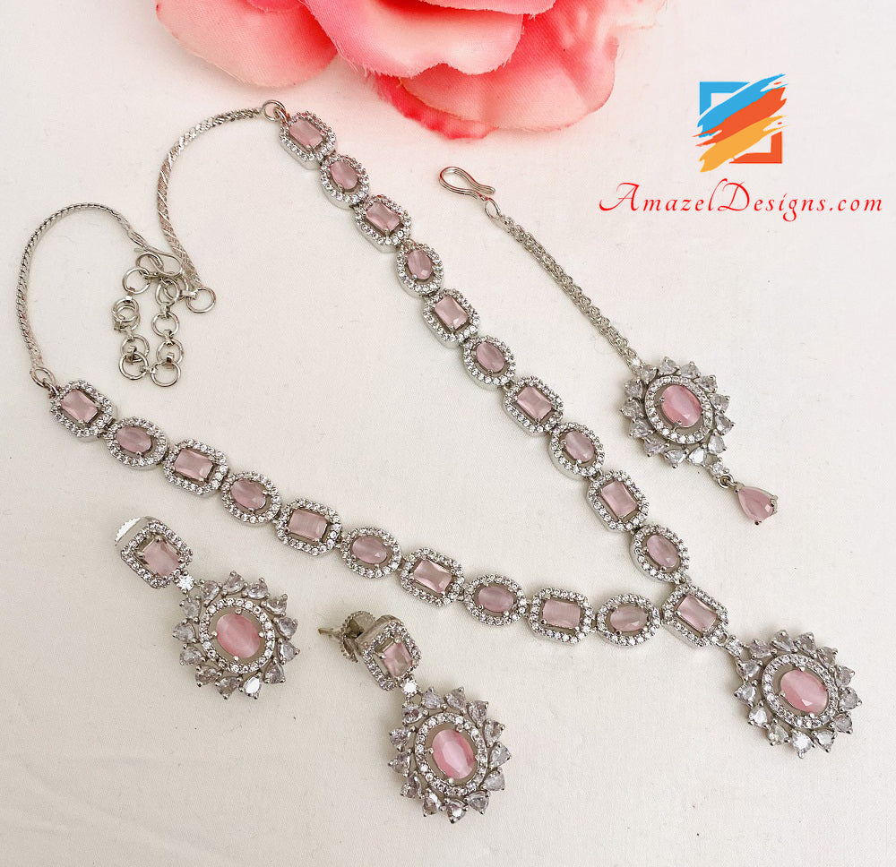 Pink Silver American Diamond AD Pendant Necklace Earrings Tikka Set