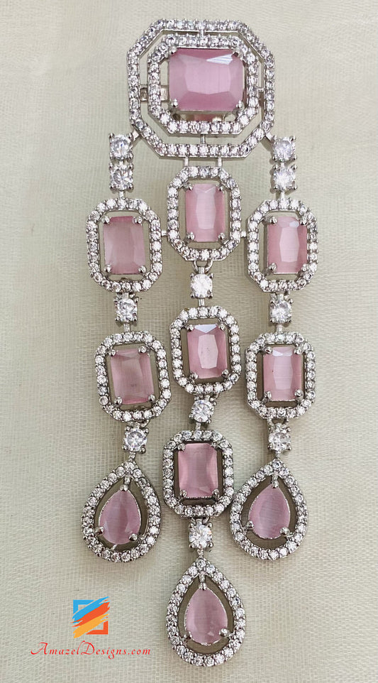 Pink Silver American Diamond Earrings