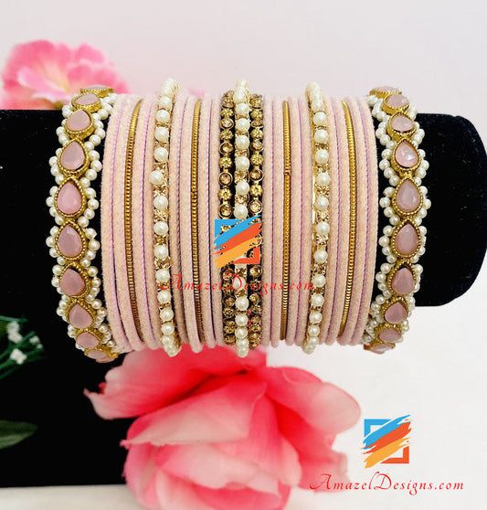 Pink Velvet 3D Pearl And Polki Bangles