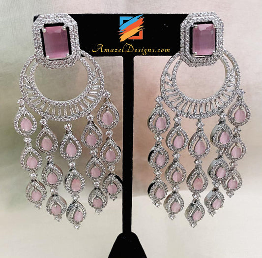 Pink and Silver American Diamond (AD) Earrings