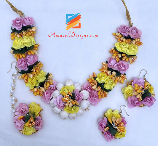 Pink and Yellow Flower Necklace Earrings Tikka Set