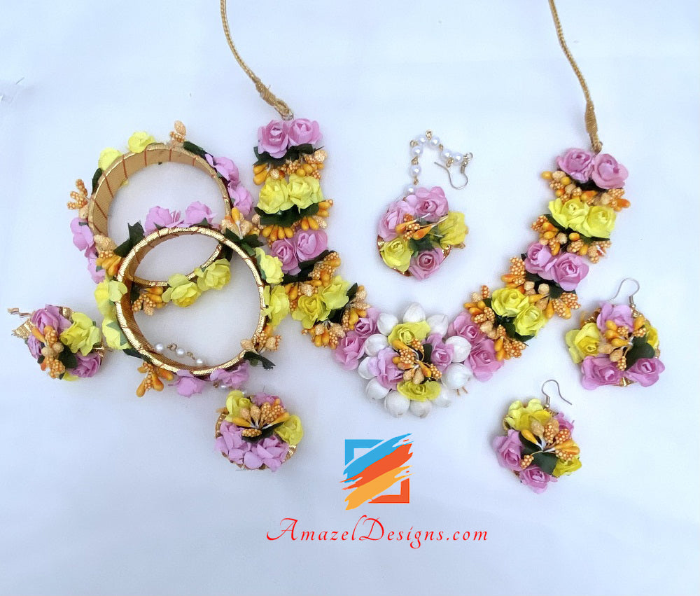 Pink and Yellow Flower Necklace Earrings Tikka Set