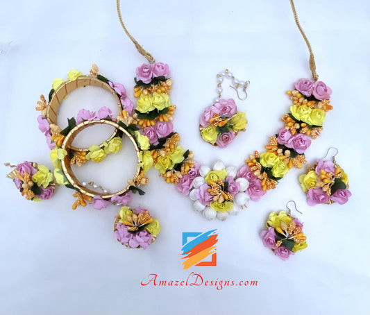 Rosa und gelbe Blumen Halskette Ohrringe Tikka Set