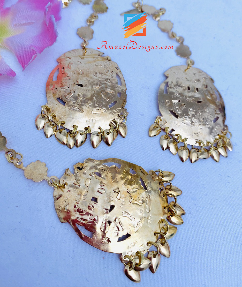 Pippal Patti Golden Traditional Earrings Tikka Set Perfect For Gidha Bhabgra