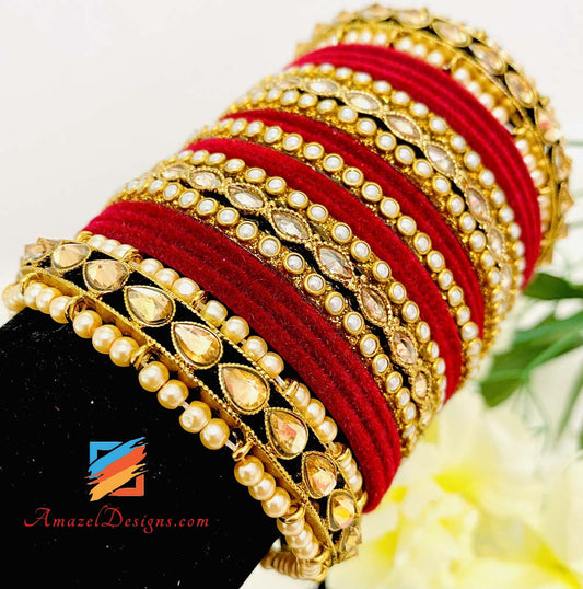 Red Velvet Champagne Polki Beads Bridal / Non Bridal Bangle Set