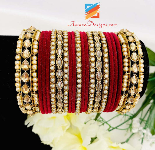 Red Velvet Champagne Polki Beads Bridal / Non Bridal Bangle Set