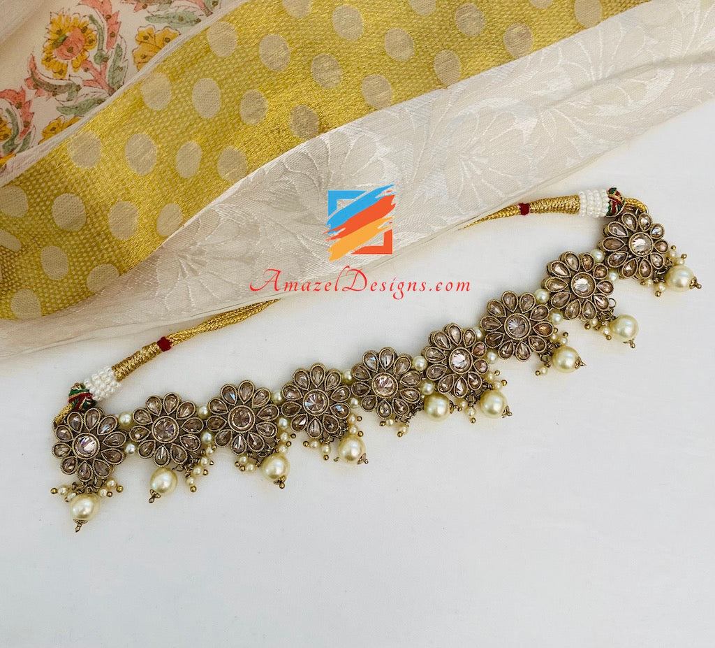 Polki Champagne Bridal Necklace Choker Earrings Tikka Nath and Jhumer Set