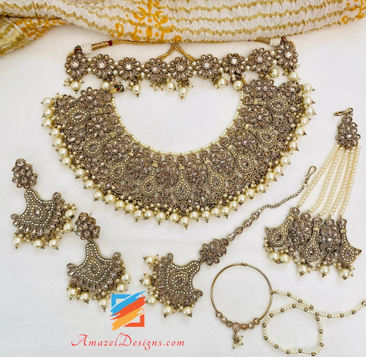 Polki Champagne Bridal Necklace Choker Earrings Tikka Nath and Jhumer Set