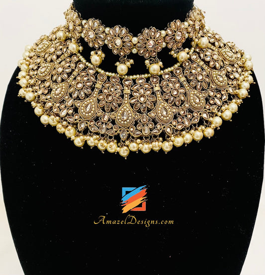 Polki Champagne Bridal Necklace Choker Earrings Tikka Nath and Jhumer Set