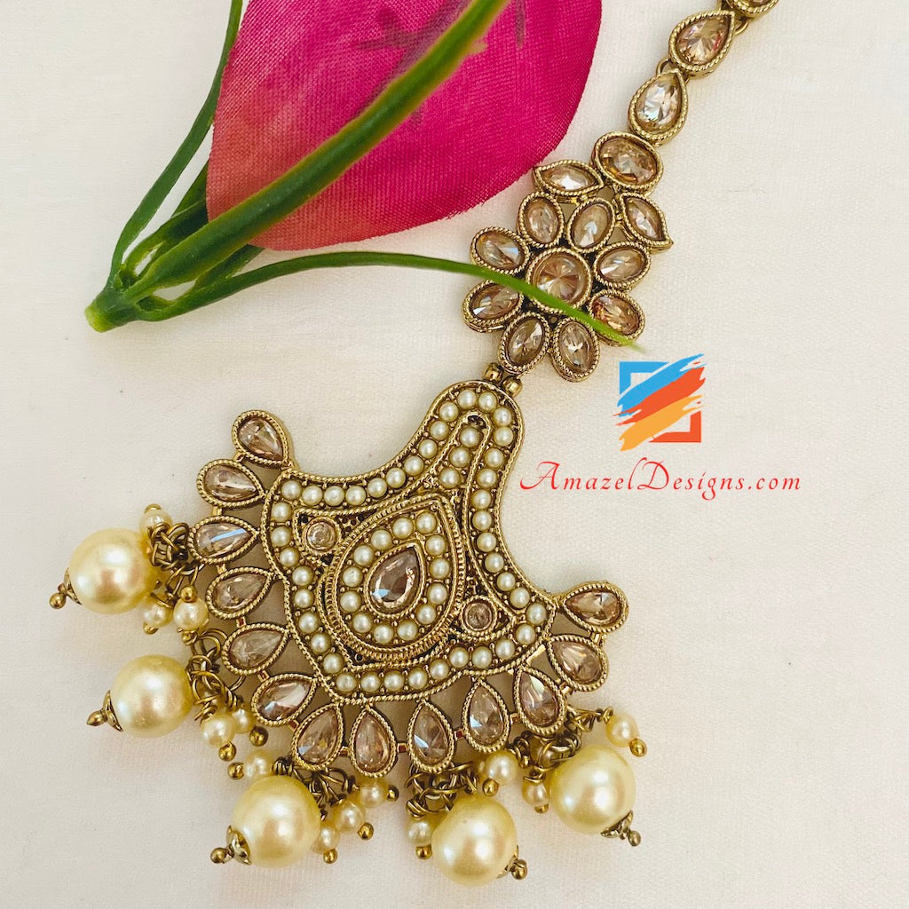 Polki Champagne Bridal Necklace Choker Earrings Tikka Nath and Jhumer Set