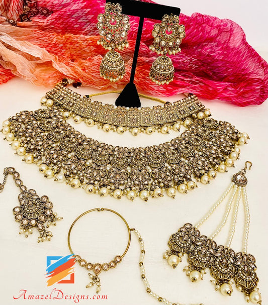 Polki Champagne Bridal Necklace Choker Earrings Tikka Jhumki Nath and Jhummer Set