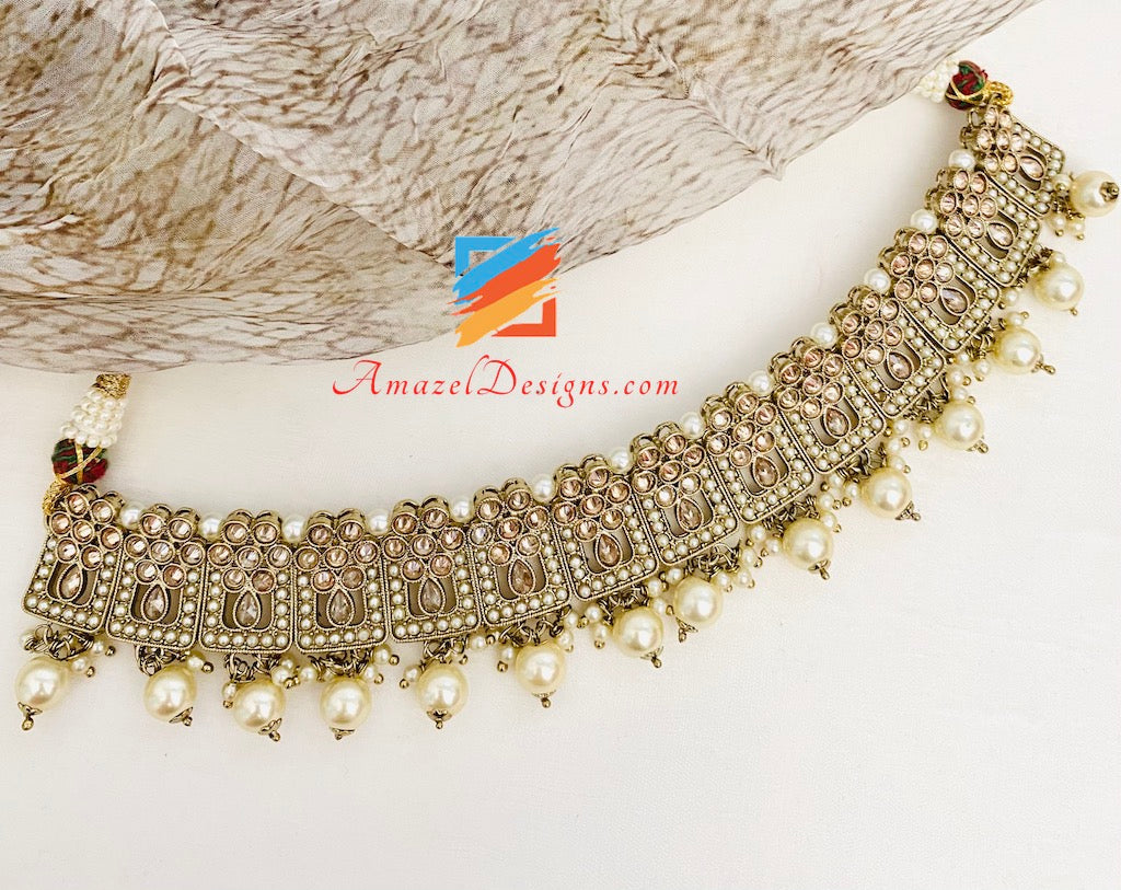 Polki Champagne Bridal Necklace Choker Earrings Tikka Jhumki Nath and Jhummer Set