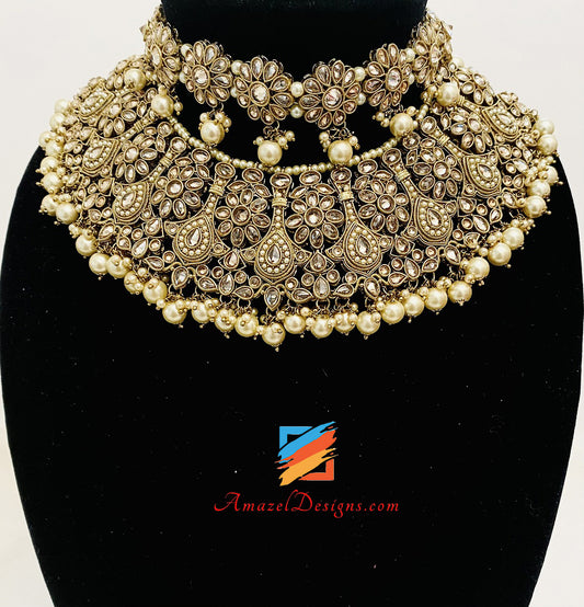 Polki Champagne Bridal Necklace Choker Earrings Tikka Nath And Pasa Set