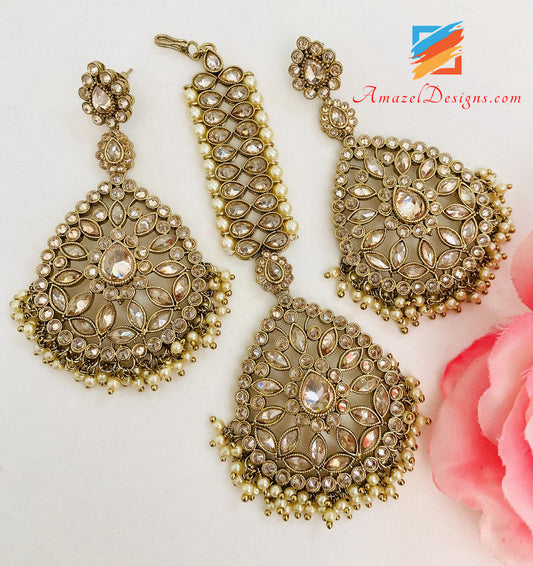 Polki Champagne Color Earrings Tikka Set