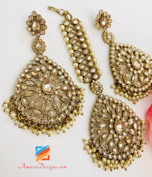 Polki Champagne Color Earrings Tikka Set