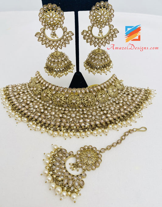 Polki Champagne Golden Choker Collana Orecchini Set Tikka 