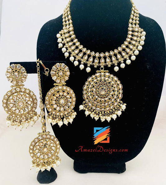 Polki Champagne Haar Necklace Earrings Tikka Set