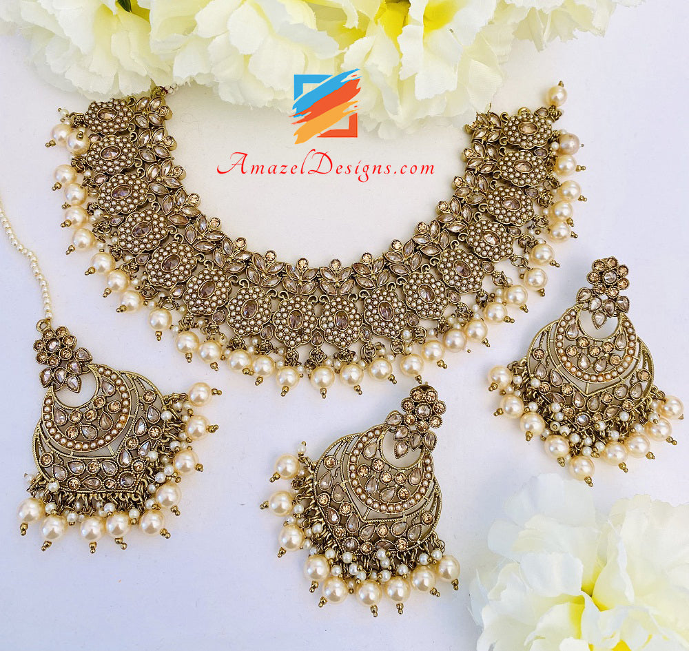 Polki Champagne Jadau Beads Necklace Earrings Tikka Set