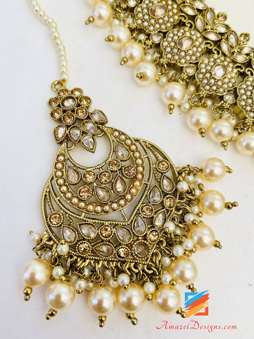 Polki Champagne Jadau Beads Necklace Earrings Tikka Set