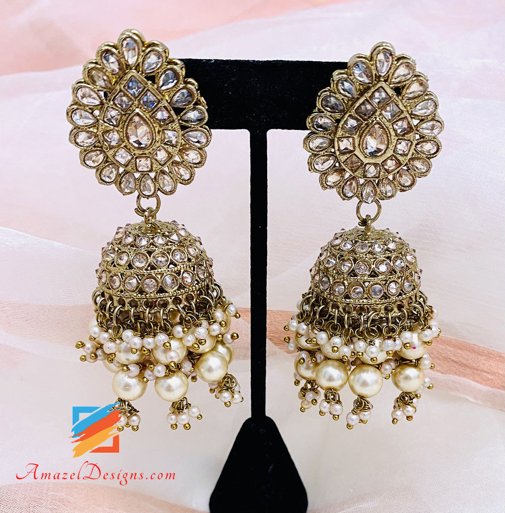 Polki Champagne Jhumki With Bunches of Pearls